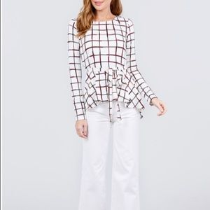 Long sleeve round neck w/ belt peplum print top